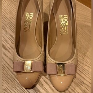 Salvatore Ferragamo Nude Patent Leather Flats with Bow